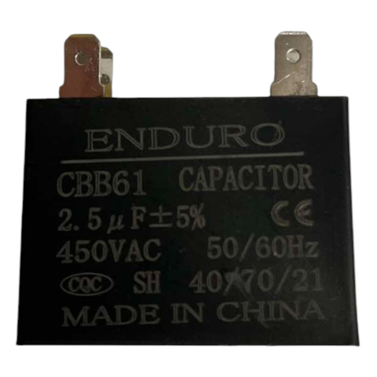 Enduro CBB61 capacitor with specifications on a white background