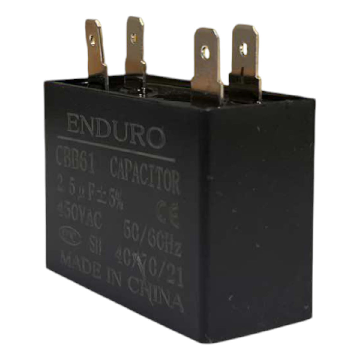 Black capacitor with 'Enduro' branding on a white background