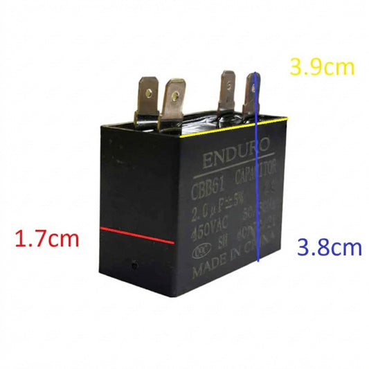 A black Enduro CBB61 capacitor with metal leads, overlaid with red, blue, yellow, and blue dimension lines and text showing measurements of 1.7cm, 3.