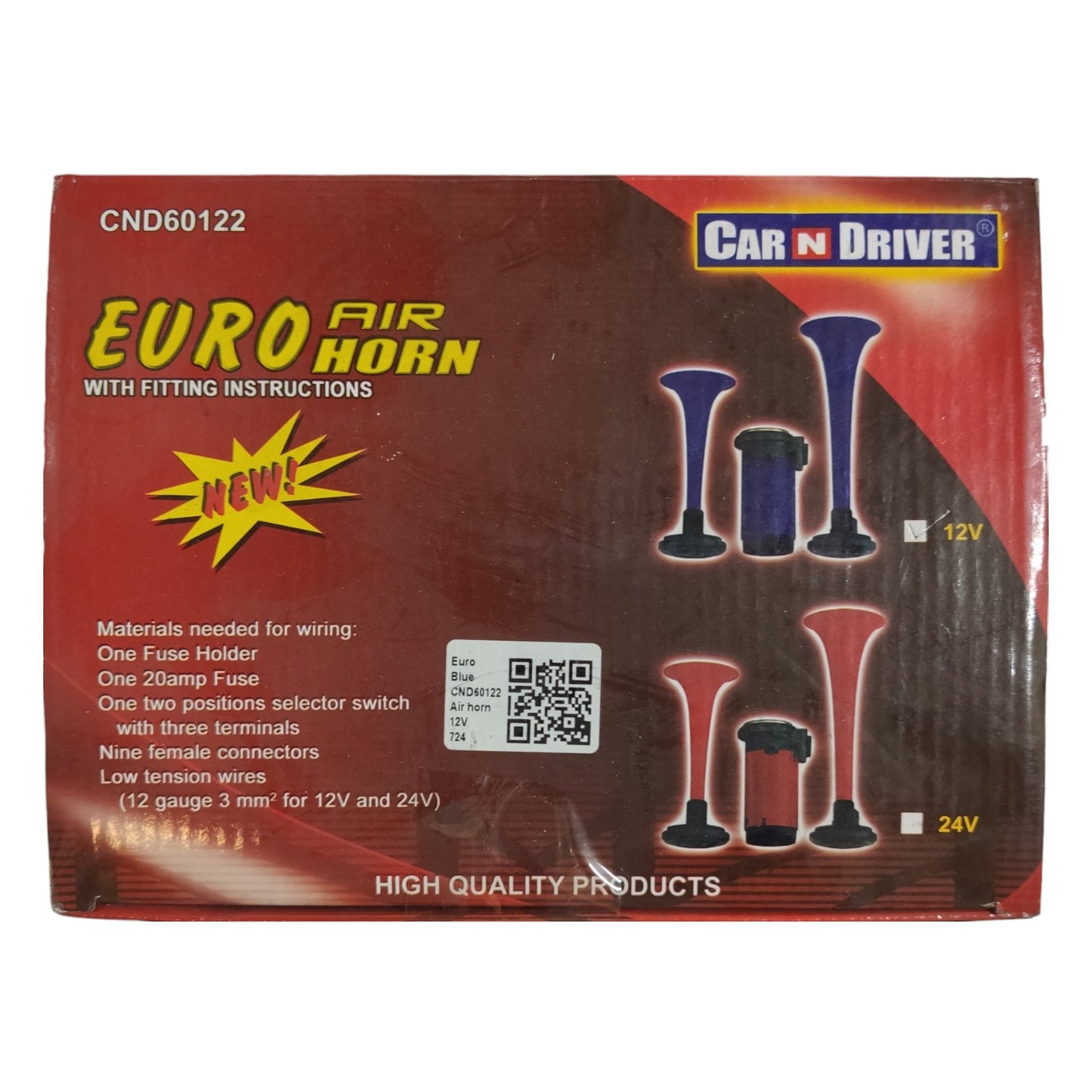 Package of Car N Driver Euro Air Horn with fitting instructions on a white background Euro Air Horn 12V For Trucks and Vehicles Horn Set Electx Electrical Supply