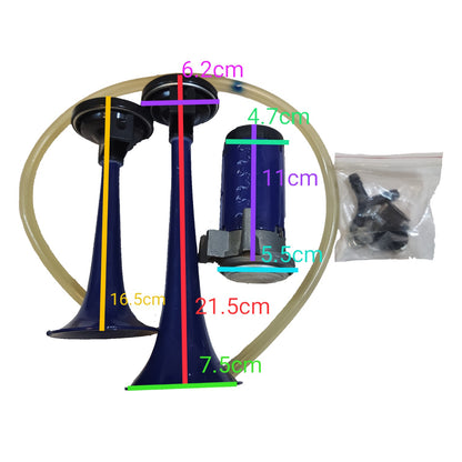 Measurement chart of a car horn with dimensions labeled on a white  Euro Air Horn 12V For Trucks and Vehicles Horn Set Electx Electrical Supplybackground