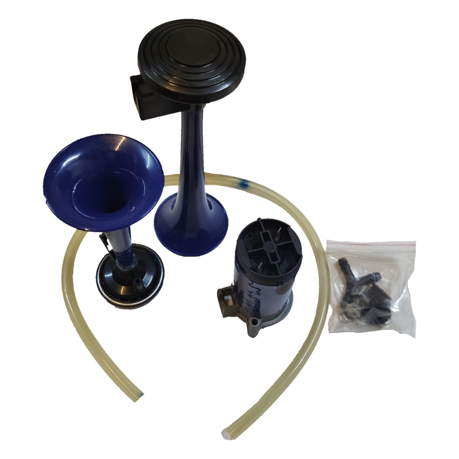 Car horn kit with blue and black components on a white background Euro Air Horn 12V For Trucks and Vehicles Horn Set Electx Electrical Supply