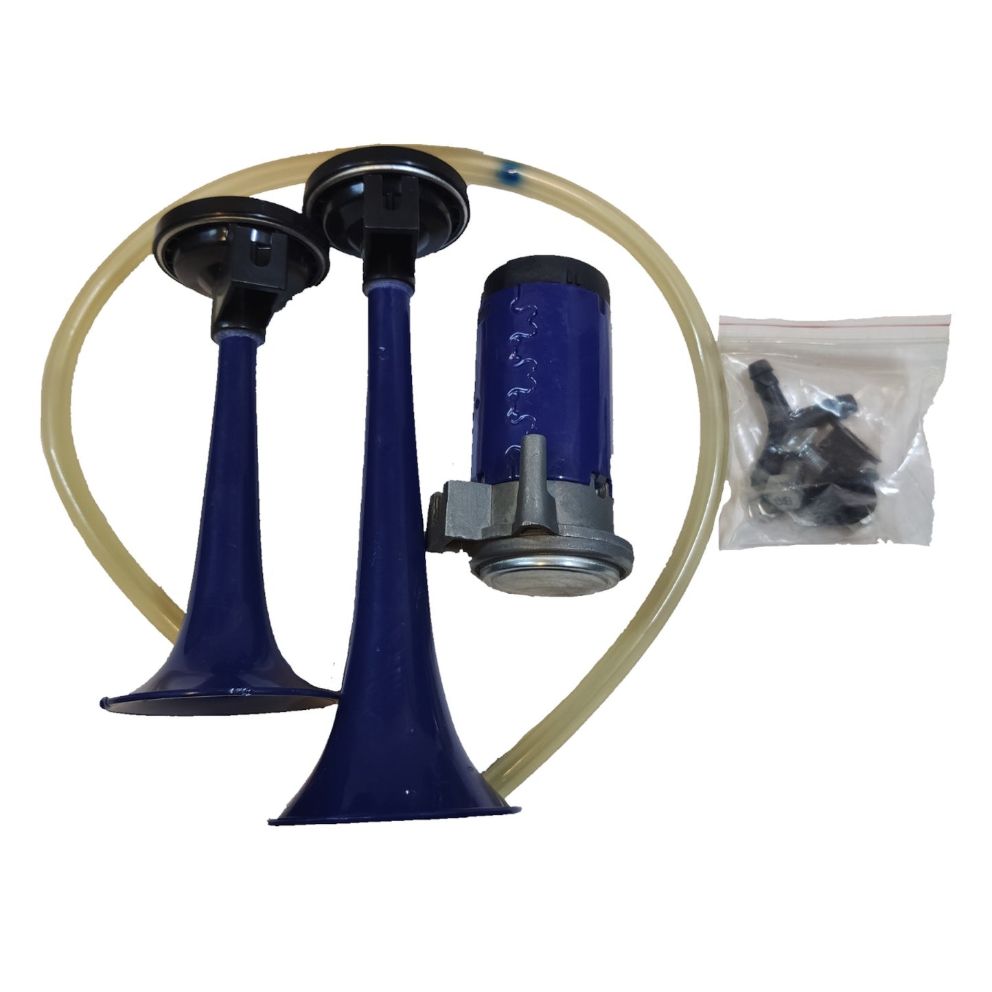 Blue air horn with black nozzles and a white background Euro Air Horn 12V For Trucks and Vehicles Horn Set Electx Electrical Supply