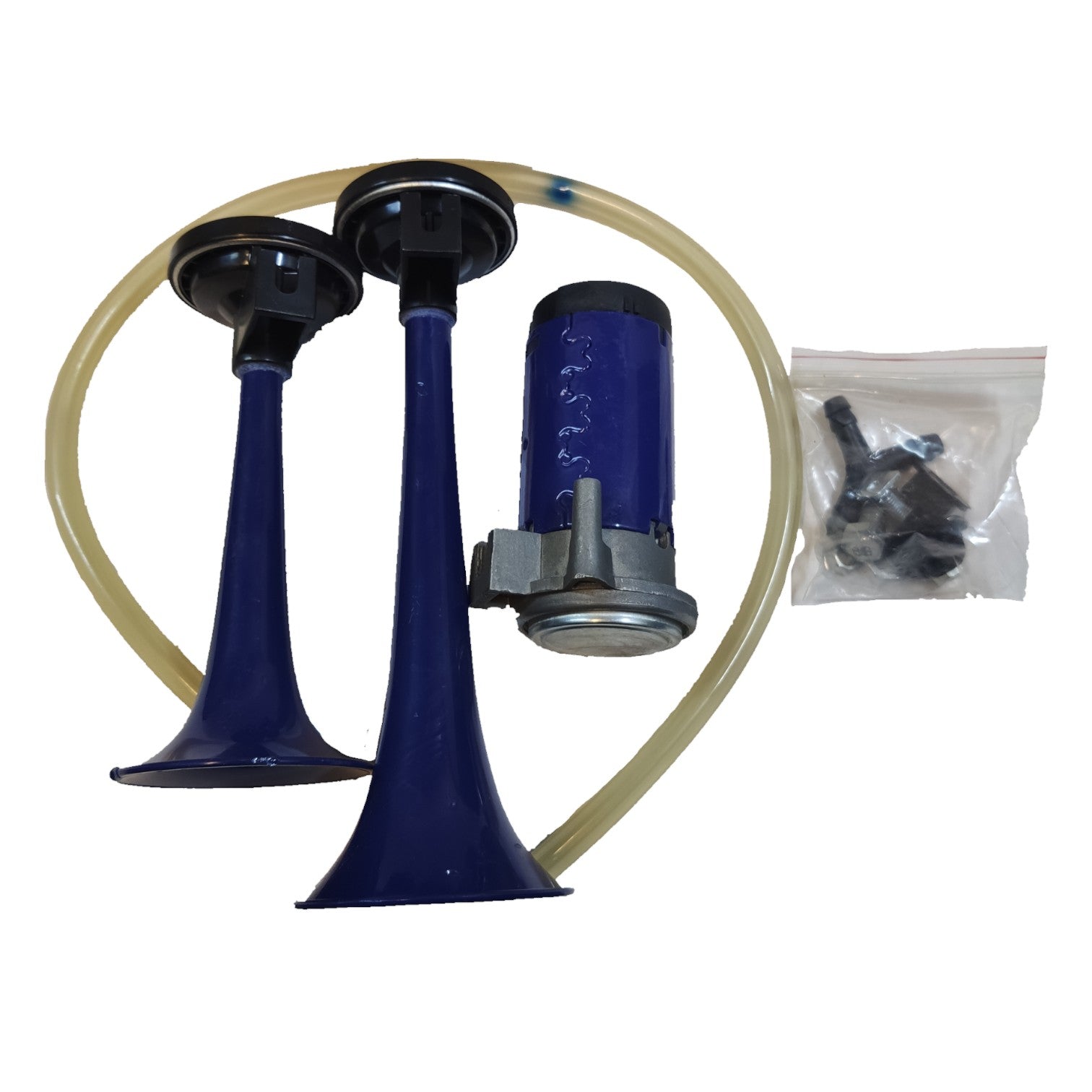 Blue air horn with black nozzles and a white background Euro Air Horn 12V For Trucks and Vehicles Horn Set Electx Electrical Supply