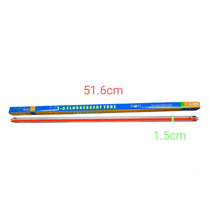 Two fluorescent tubes with measurements on a white background