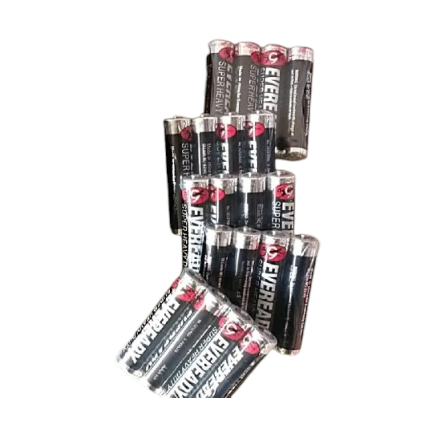 Multiple Eveready batteries stacked on a white background