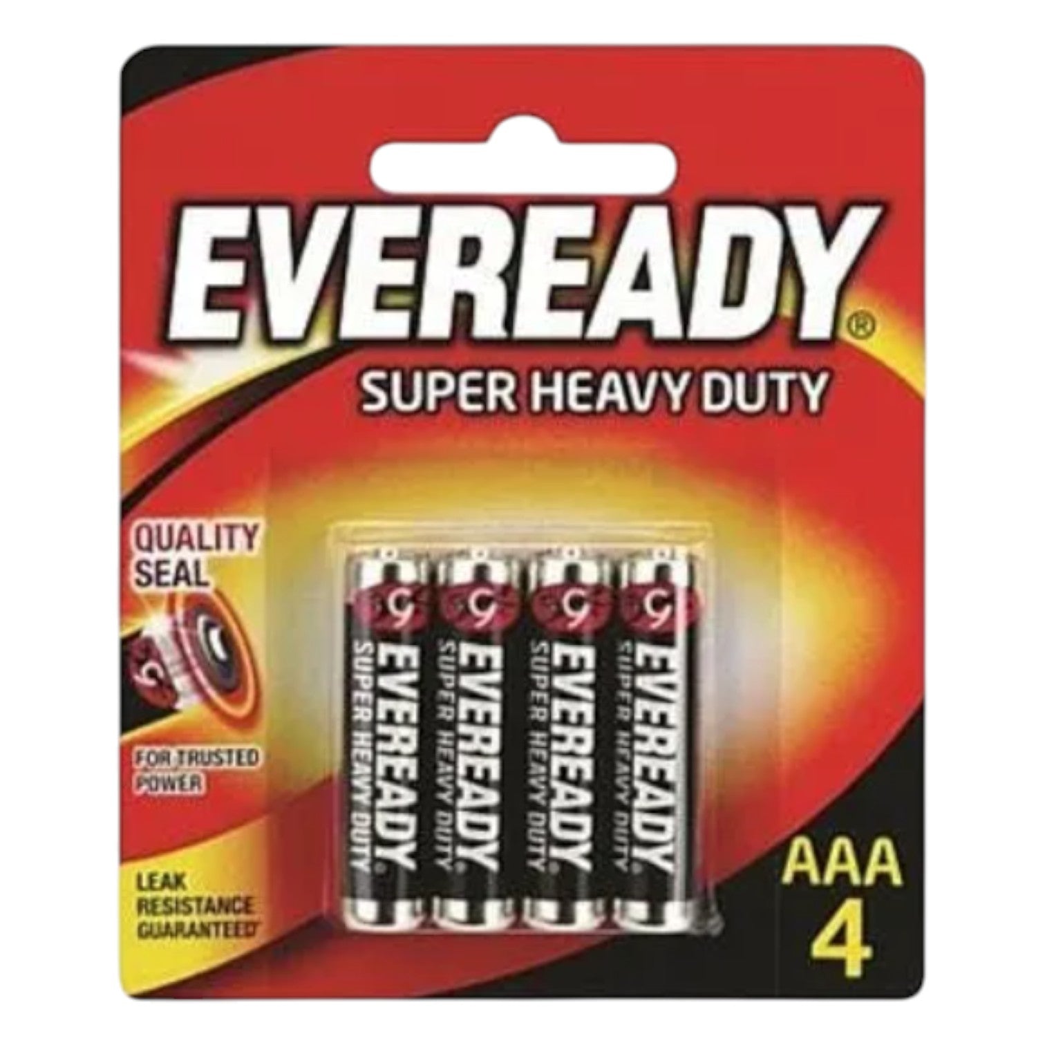 Pack of Eveready Super Heavy Duty AAA batteries on a red and yellow background