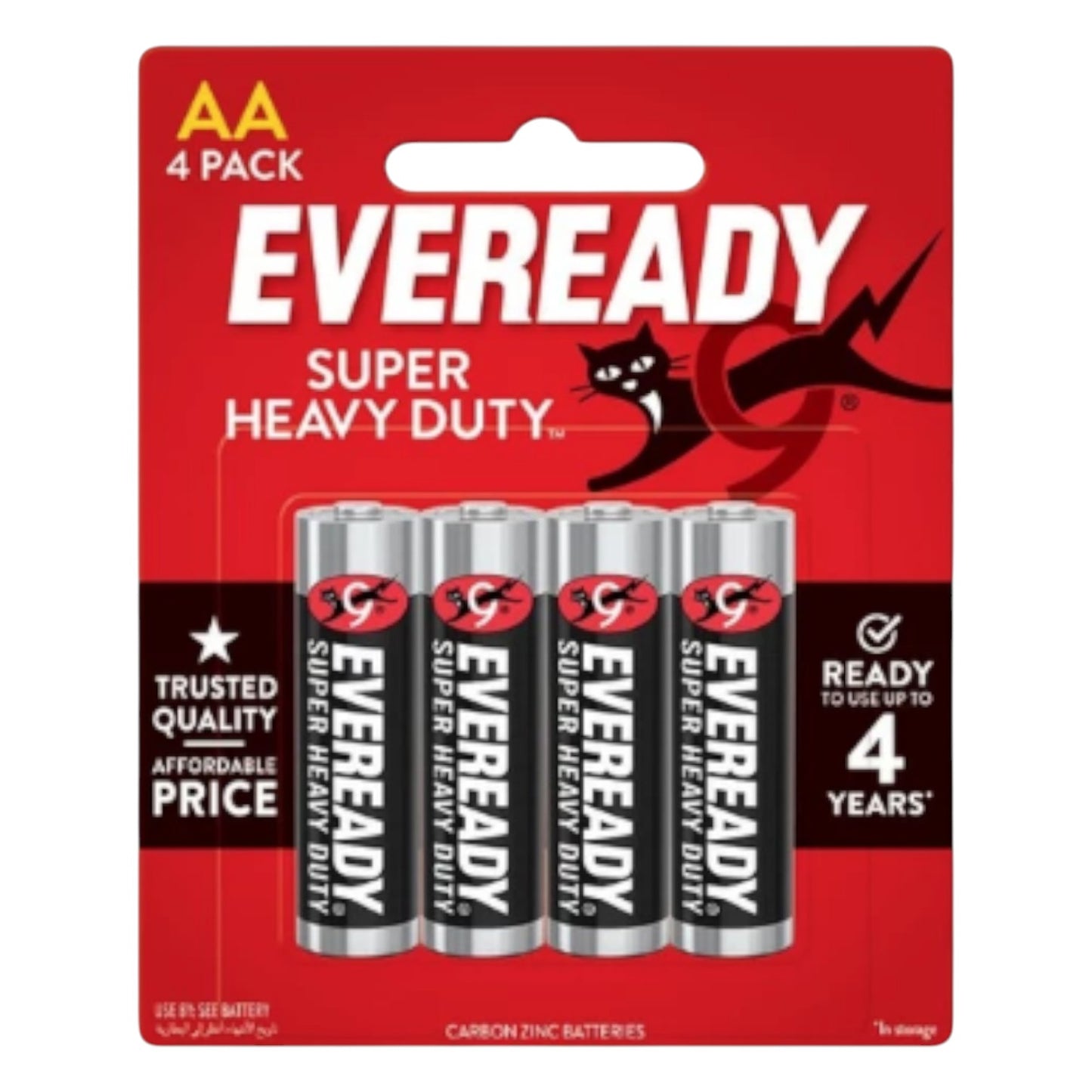 Eveready Super Heavy Duty AA batteries 4-pack on a red background