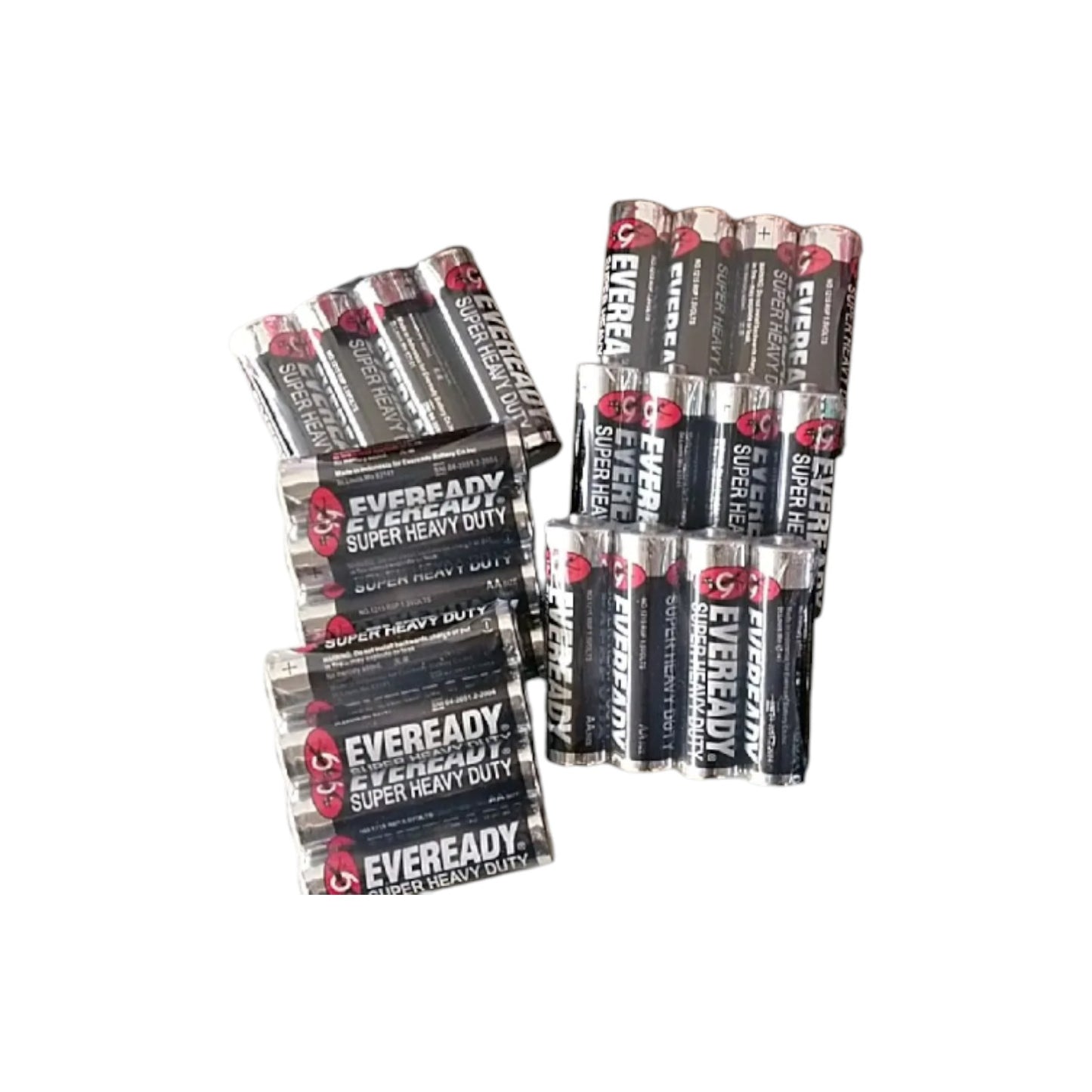 Multiple boxes of Eveready Super Heavy Duty batteries on a white background