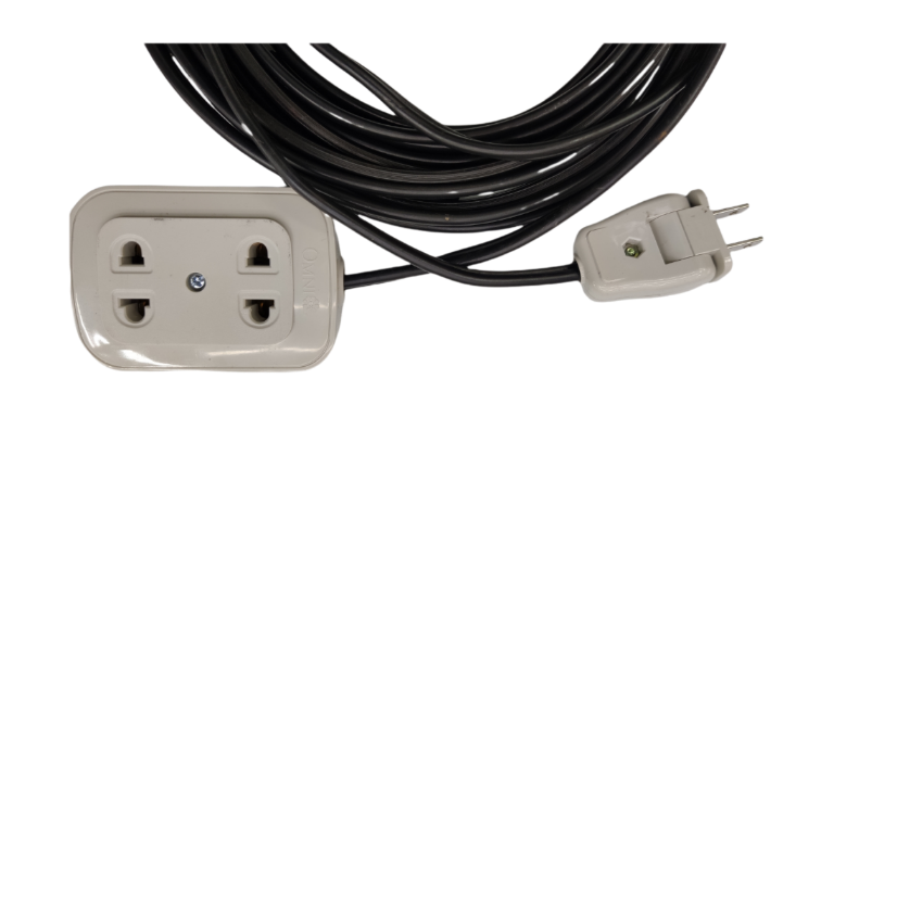 Omni Extension Cord 2200W 10A with dual outlet power strip and long black cable on black background