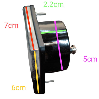 A black cylindrical mechanical part with a flat mounting plate, shown on a white background with colored dimension lines and text labels reading 7cm, 6cm, 2.2cm, and 5cm.