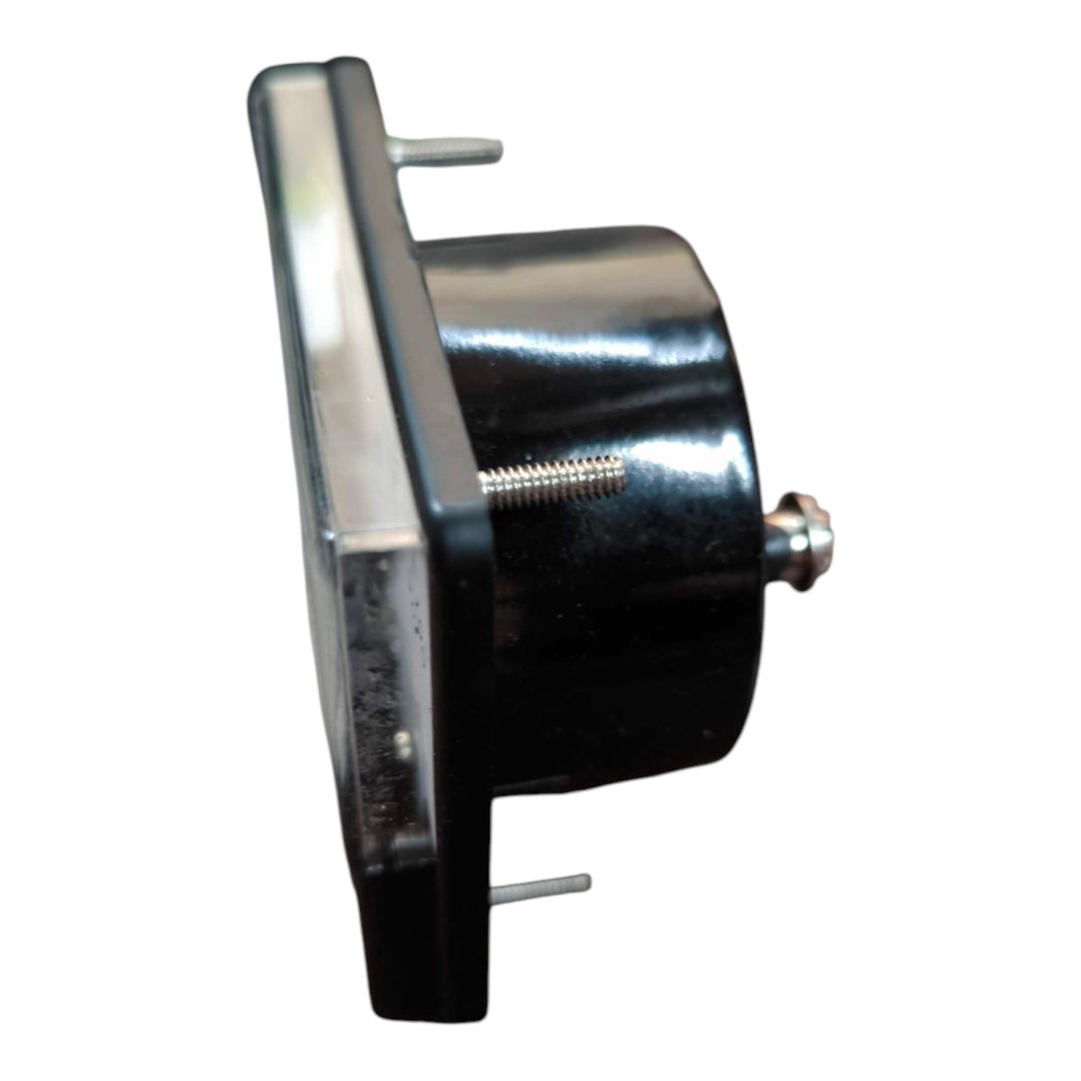 A black cylindrical automotive part with a silver metal flange and mounting tabs, shown on a plain white background.