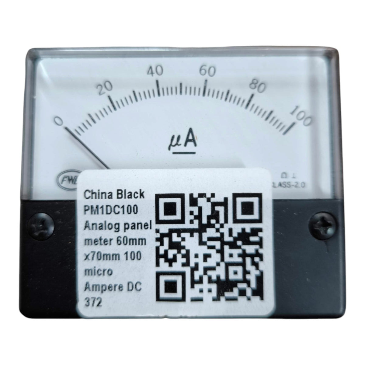 Analog panel meter with a black housing and a white dial face, labeled for microamps (μA). A white sticker on the front shows product details including a QR code and the text 'China Black PM1DC100'.
