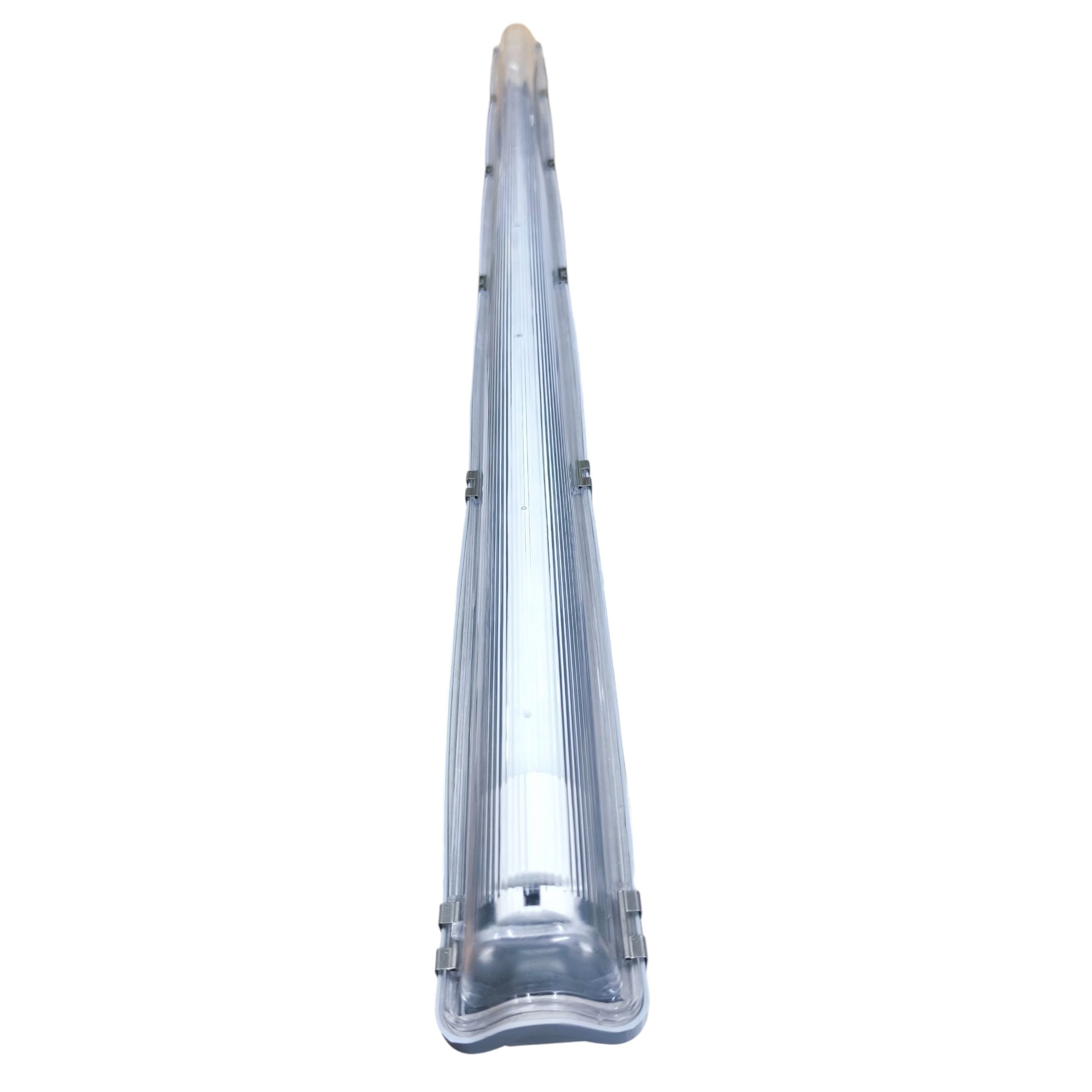 Clear plastic tube with a white cap on a white background