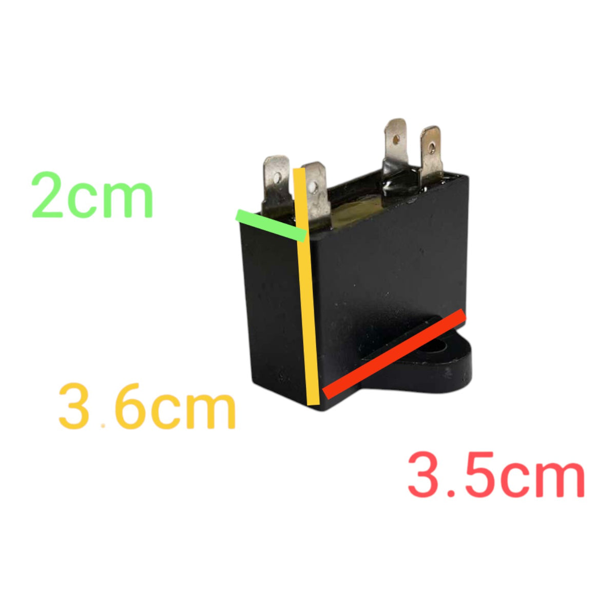 Black relay with dimensions labeled on a white background