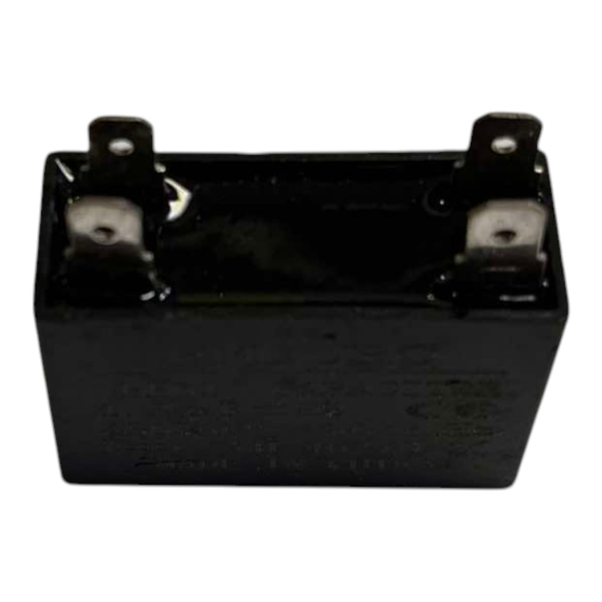 Black rectangular battery with metal terminals on a white background
