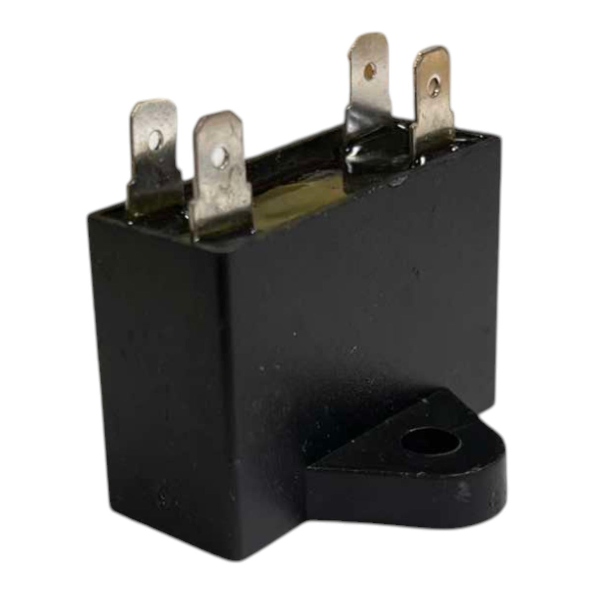 Black relay with metallic contacts on a white background