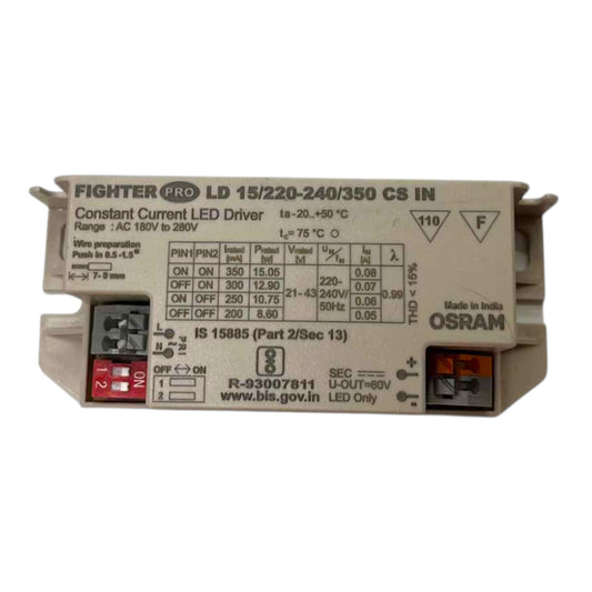 An industrial electronic component, specifically an OSRAM Fighter Pro LED driver, photographed on a clean white background. The beige plastic housing features printed technical specifications, terminal blocks with red and orange screws, and the OSRAM brand logo on the right side.