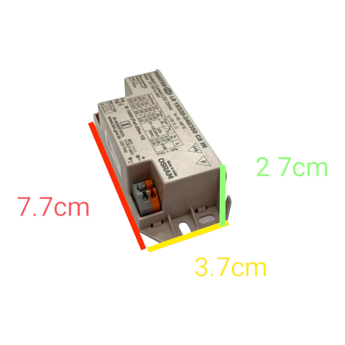 An ASUM electronic module with overlaid dimension lines and text indicating measurements of 7.7cm, 2.