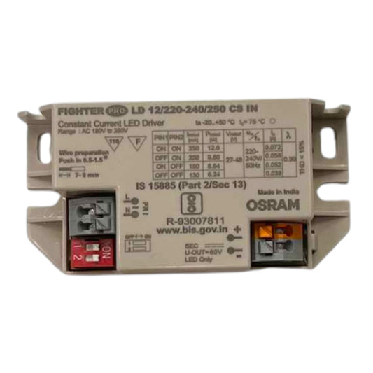 An OSRAM FIGHTER LED driver module, model LD 12/220-240/250 CS IN, shown against a plain white background. The device is beige with technical specifications printed on the front, terminal blocks with red and black screws on the bottom, and orange light indicators on the right side.
