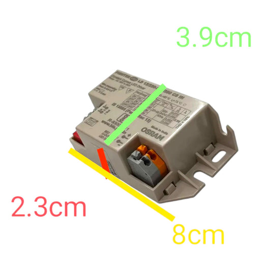 A small gray electronic component with printed technical markings, shown on a white background with colored dimension lines and text indicating 3.9cm, 2.