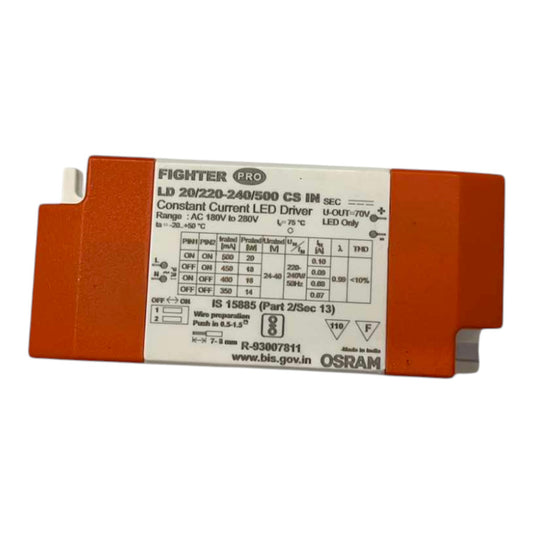 An orange and white Osram Fighter Pro LED driver module with technical specifications printed on the white label, set against a plain white background.