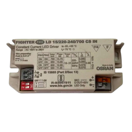 An Osram Fighter Pro LD 15/220-240/700 CS IN constant current LED driver module, featuring a beige plastic housing with technical specifications printed on the front, terminal blocks on the sides, and an orange LED indicator light.