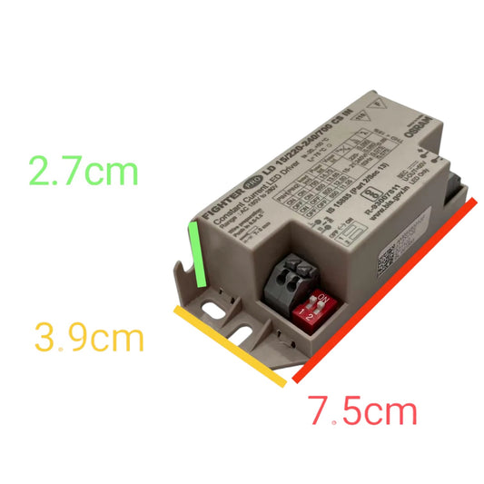 An industrial LED driver power supply with overlaid dimension lines and text indicating 2.7cm, 3.