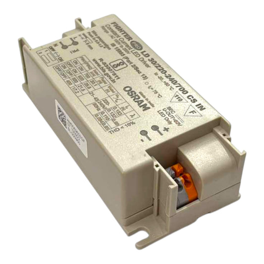 An Osram LED driver module, model LD 300220240700 CS IN, featuring a beige plastic housing with printed technical specifications and a terminal cover with orange and gray screw terminals, shown on a white background.