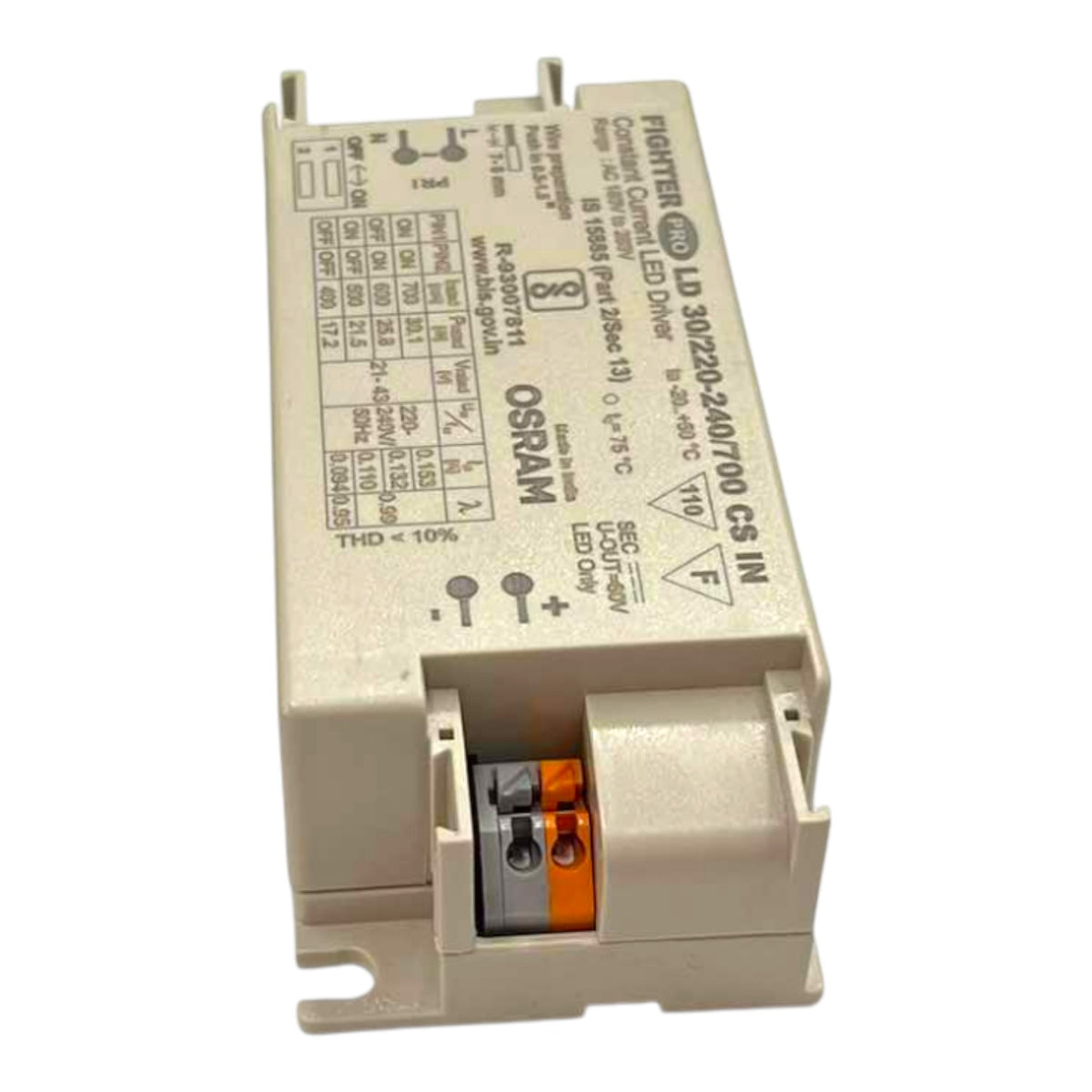 An Osram LED driver module, model LD 3002/23-401700 CS IN, featuring a beige plastic housing with printed technical specifications and a terminal block with orange and silver contacts at the bottom.