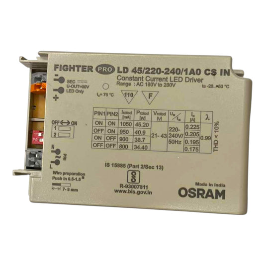 An OSRAM Fighter Pro LED driver module, model LD 45/220-240-1A/0 CS IN, shown on a plain white background. The device is beige with technical specifications printed on its face, and terminal blocks are visible on the left side.