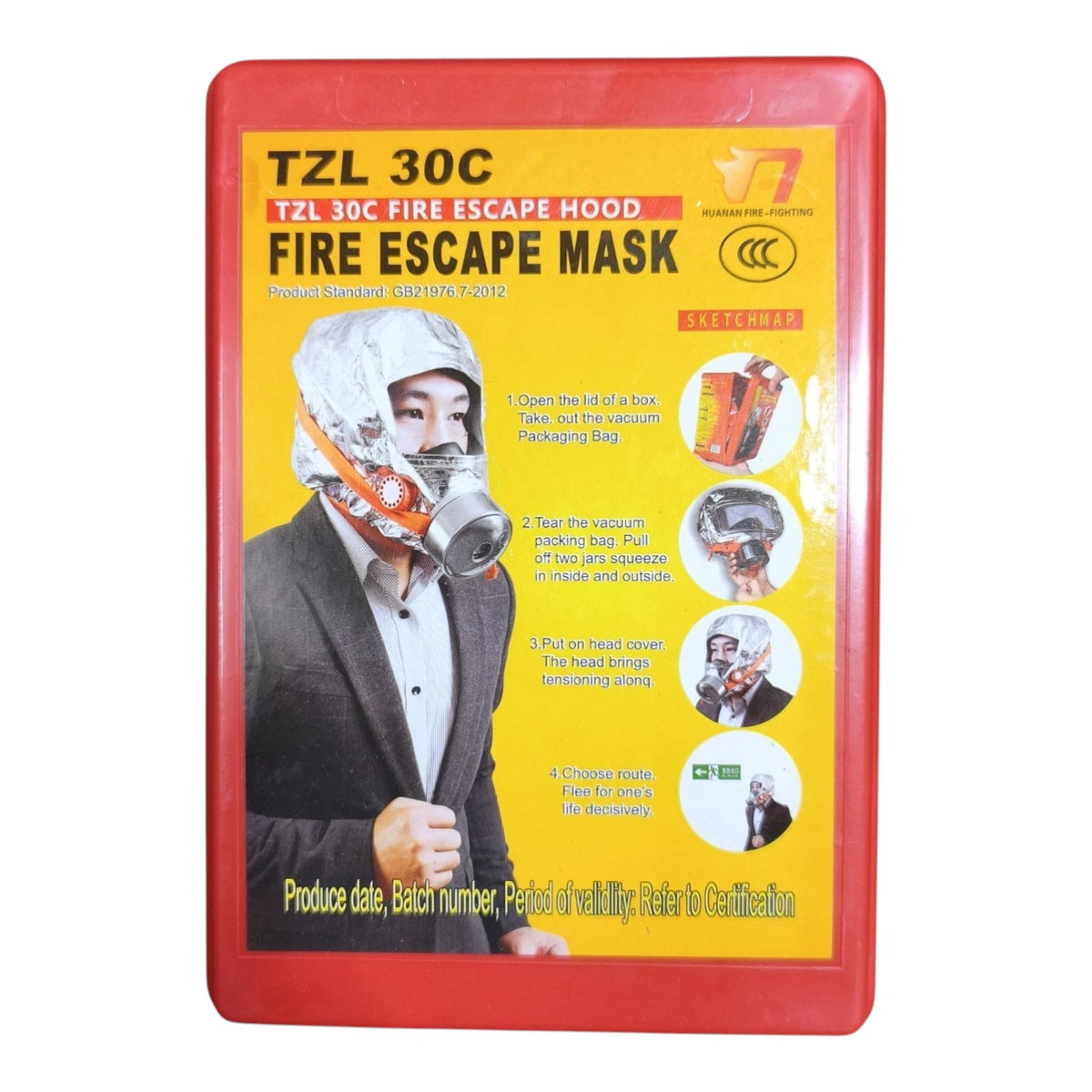 A TZL 30C Fire Escape Hood Fire Escape Mask package, featuring a red border and a yellow front label with an illustration of a man wearing the mask and safety goggles.