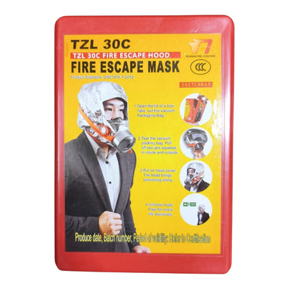 A TZL 30C Fire Escape Hood Fire Escape Mask package, featuring a red border and a yellow front label with an illustration of a man wearing the mask and safety goggles.