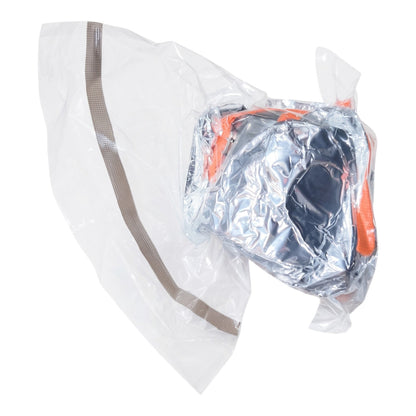 A pair of black and orange safety goggles inside a clear plastic protective bag with a brown zipper, shown on a white background.