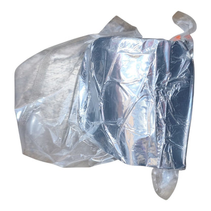 A crumpled silver reflective foil pouch or wrap on a plain white background.