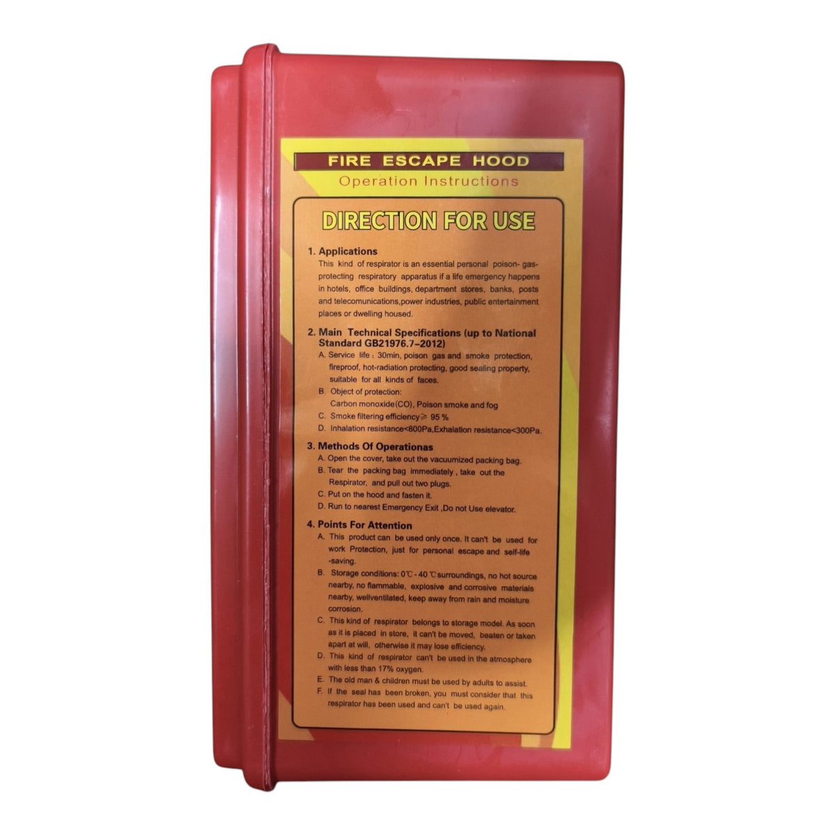 A red fire escape hood with a large yellow and black instruction label on the front, photographed against a plain white background.
