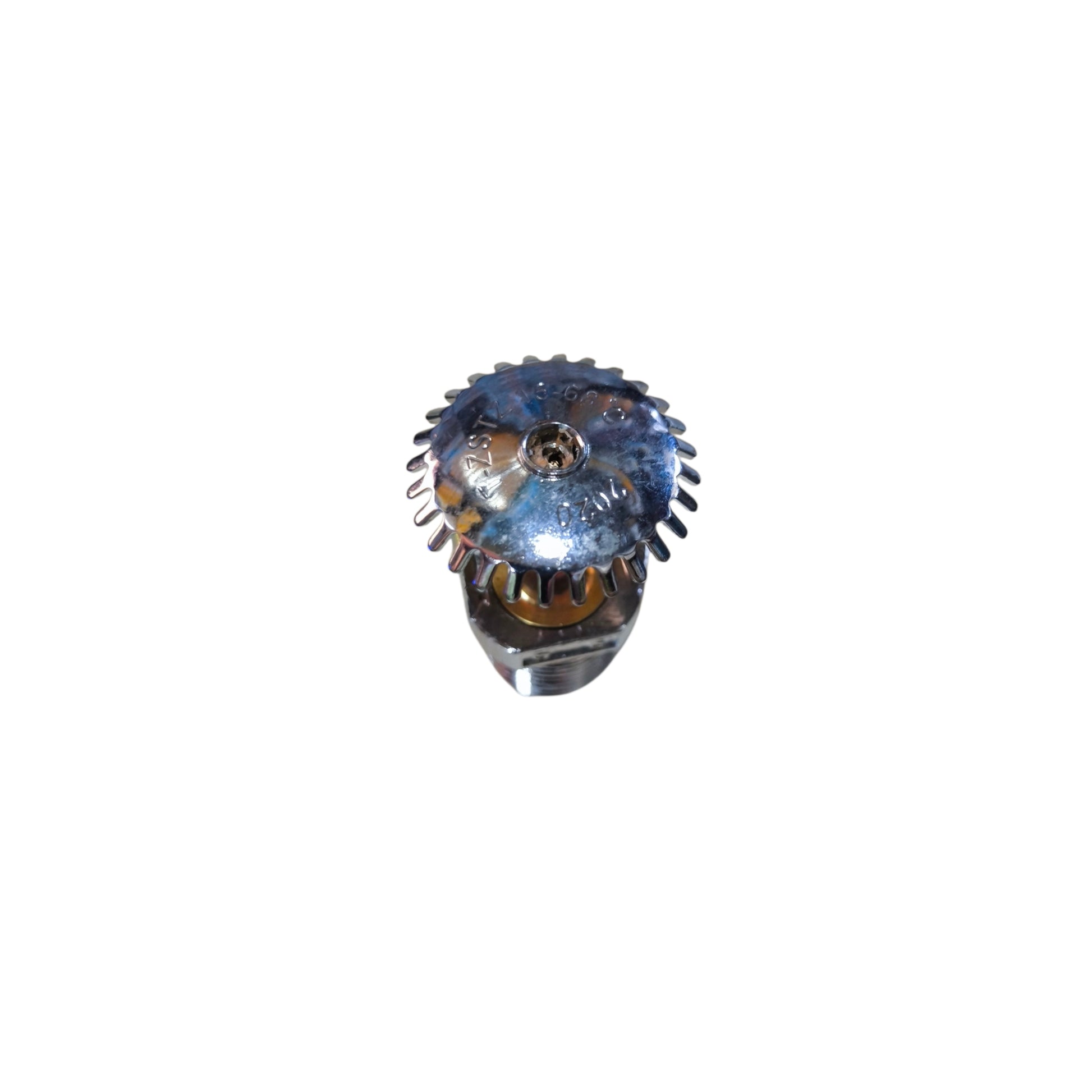 Metallic gear-like object on a white background