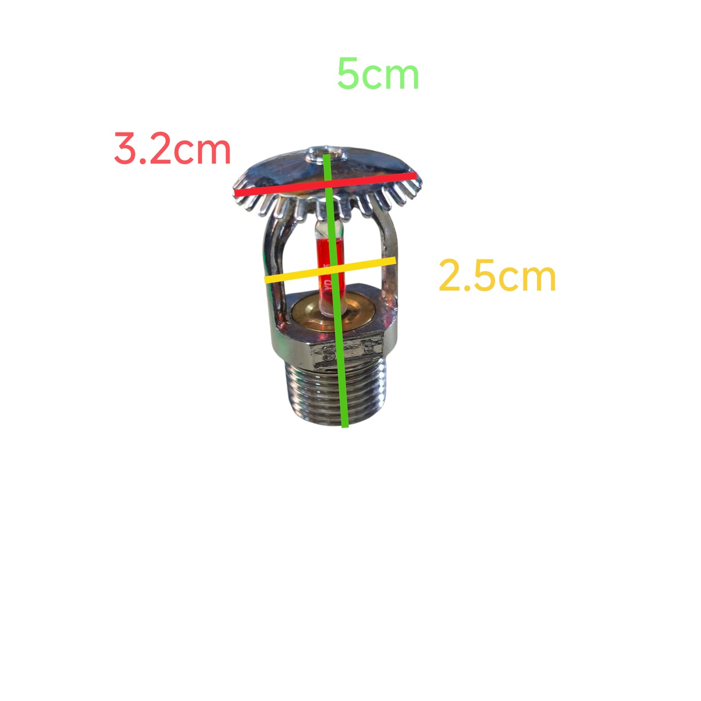 Fire sprinkler head with measurements on a white background