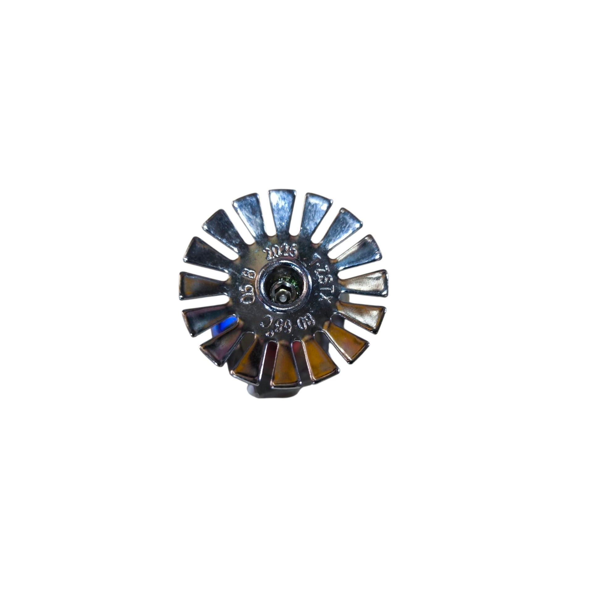 Metallic fan-shaped object on a white background