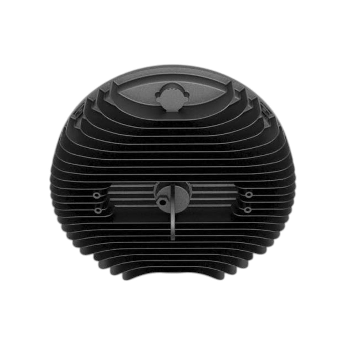 A black ribbed plastic or metal circular component, likely a vented speaker, diffuser, or vent cover, shown from a top-down view on a solid white background.