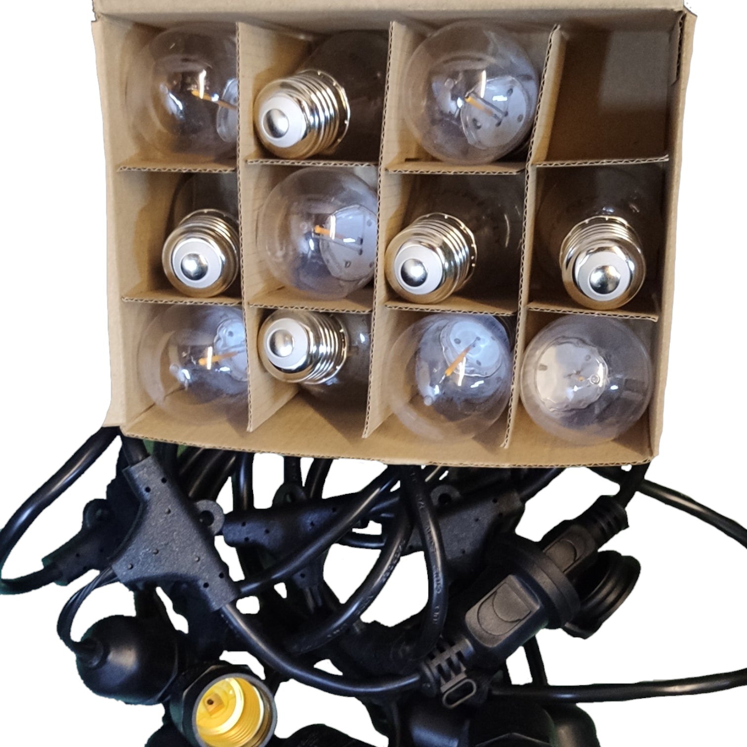 Cardboard box with light bulbs and wiring on a white background