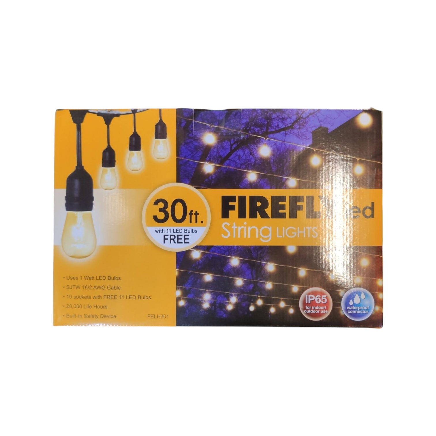 Box of Firefly LED string lights with a 30-foot length on a white background