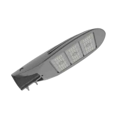 A modern LED street light fixture with a sleek, elongated oval design, featuring three illuminated LED grid sections on its side, shown against a plain white background.