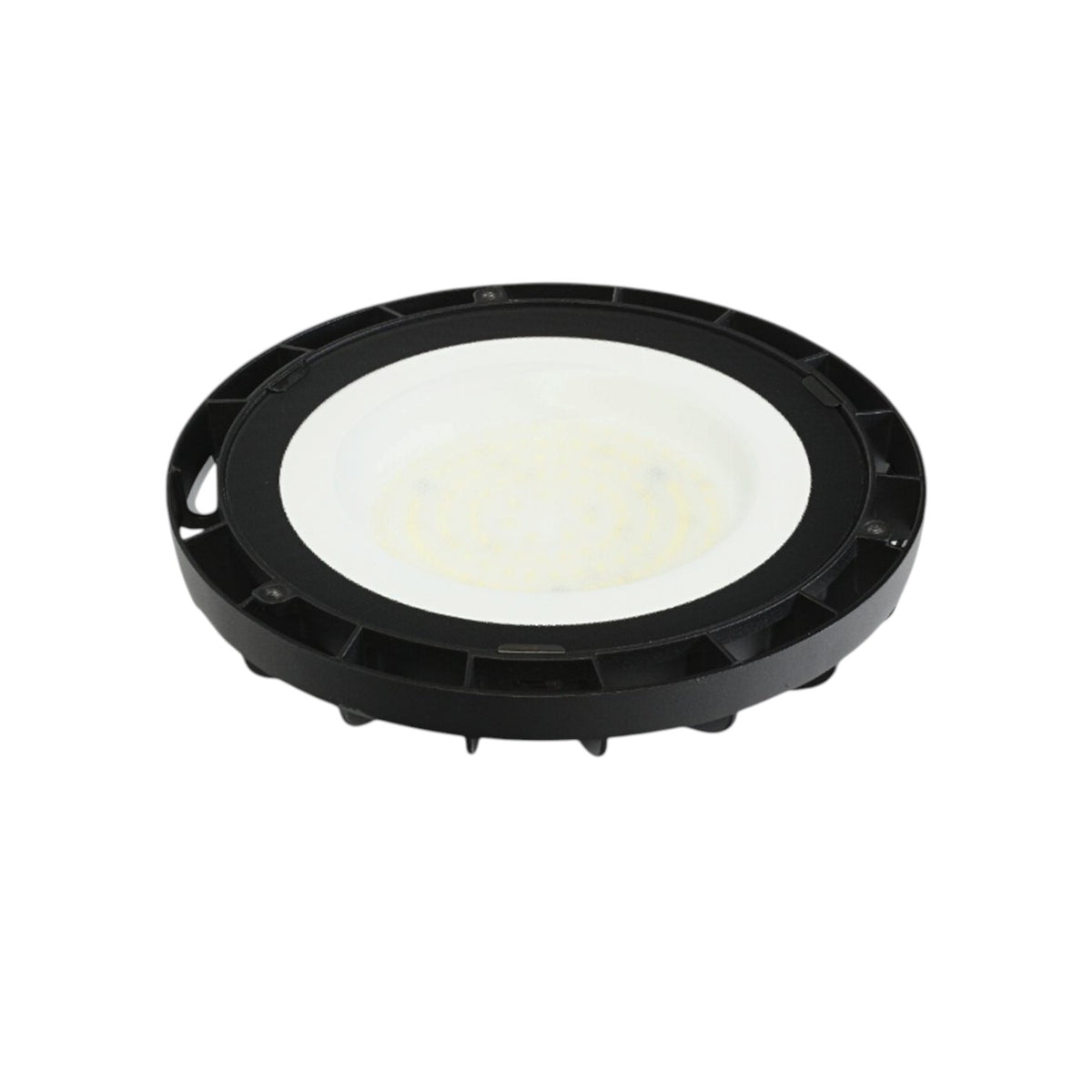 A round black LED light fixture with a white diffuser, shown from a top-down perspective on a solid white background.