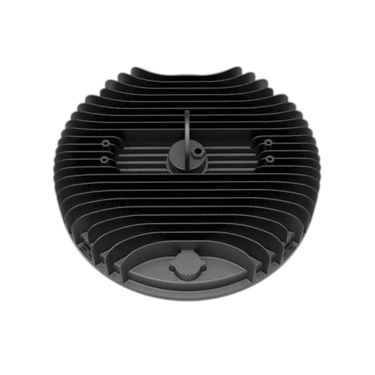 A black circular ribbed metal heat sink or cooling fan component, shown from a top-down perspective on a solid white background.