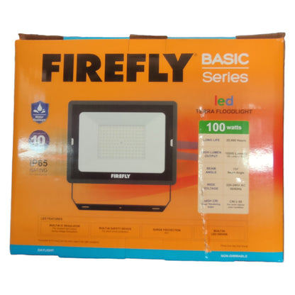 Firefly Basic Series LED floodlight packaging on an orange background