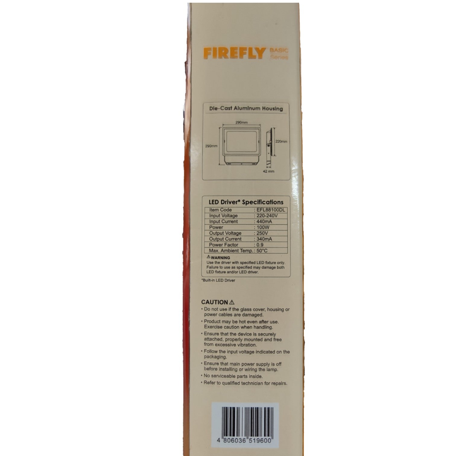 Firefly LED driver packaging with specifications and warnings on a white background
