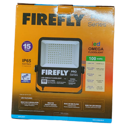 Box of Firefly LED Omega Floodlight with specifications on a white background