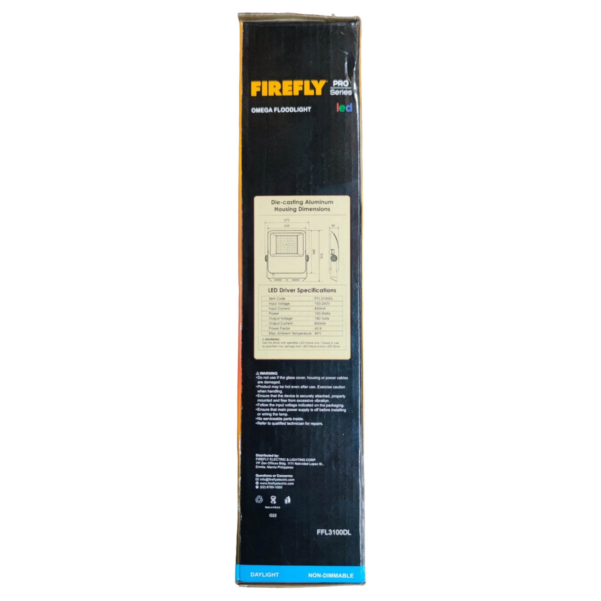 Firefly Omega Floodlight packaging on a white background