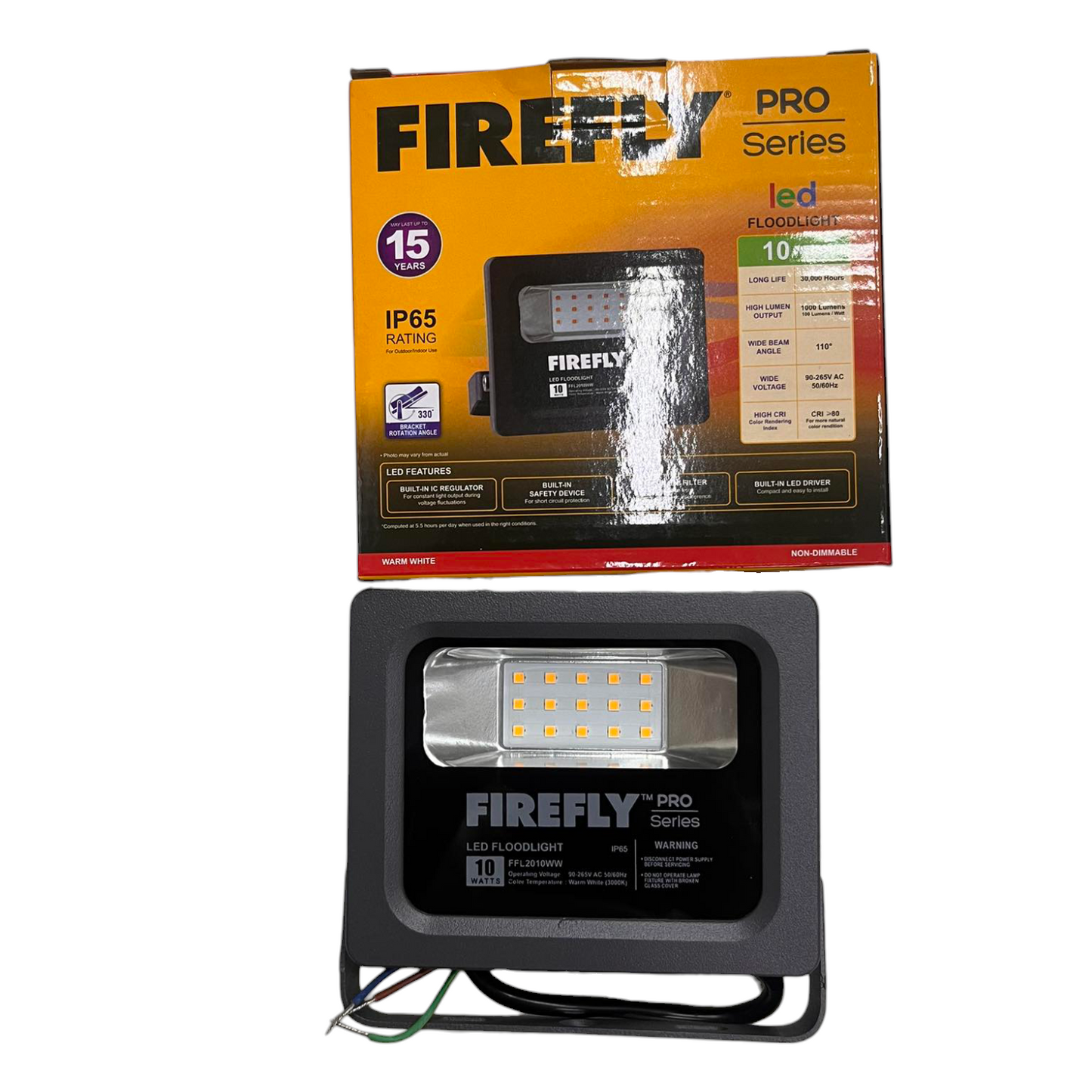 Firefly Pro Series LED flood light with packaging on a white background